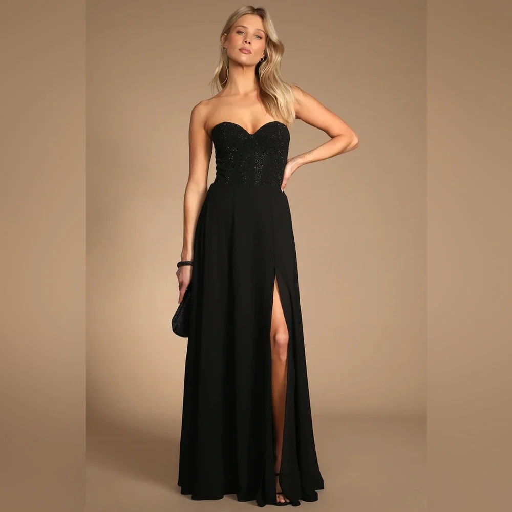 Lulu’s Black Rhinestone Floor Length Dress - Picture 3 of 7